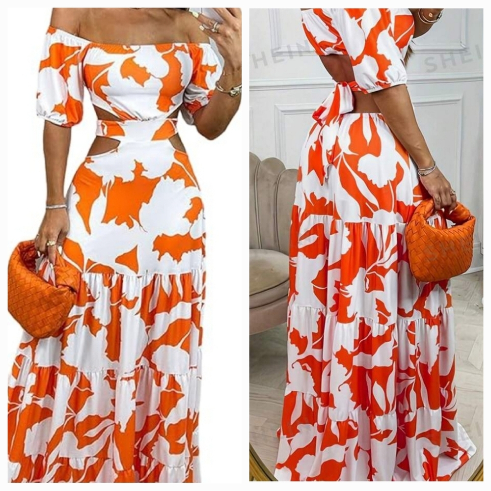 Beautiful Orange & White   Flowy Maxi Dress perfect for Vacation size M/L